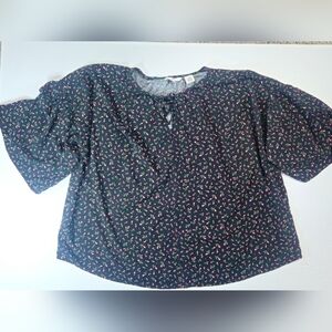 Levis Blouse Womens 3X Black Pink Rose Bud Floral Balloon Sleeve Cottagecore Top